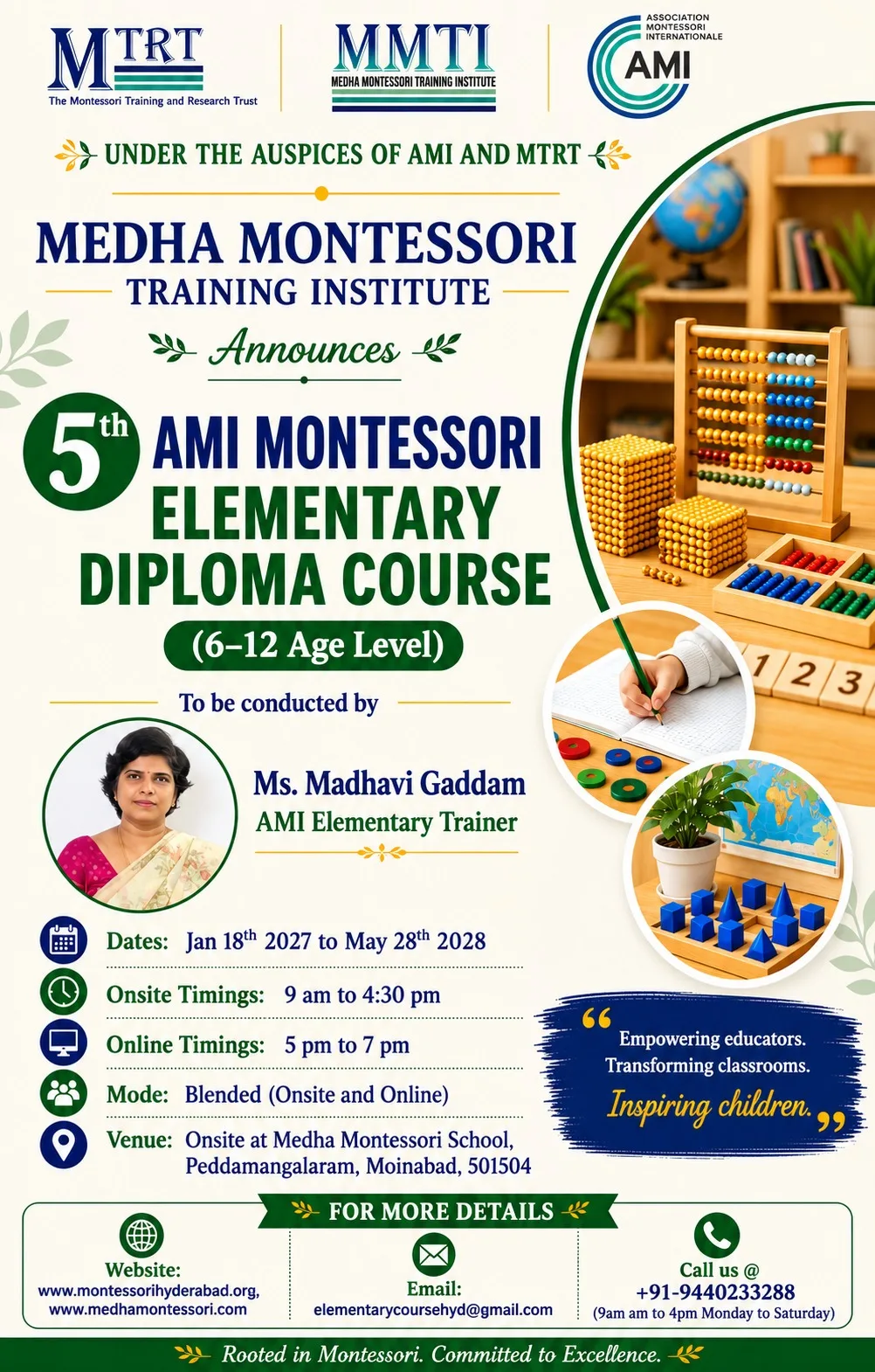 Poster for the 5th AMI Montessori Elementary Diploma Course by Medha Montessori Training Institute