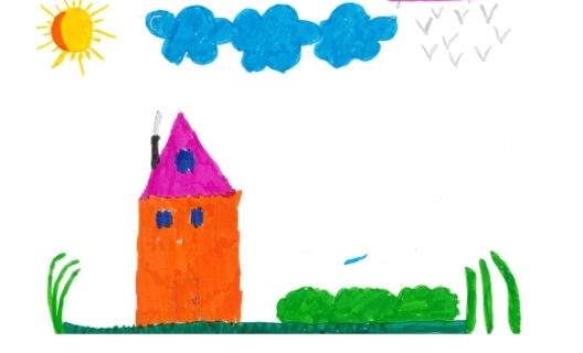 A child's drawing of trees and the sun at Blue Blocks Montessori School; what children draw when asked about life.
