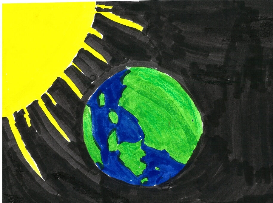 A child's drawing of trees and the sun at Blue Blocks Montessori School; what children draw when asked about life.