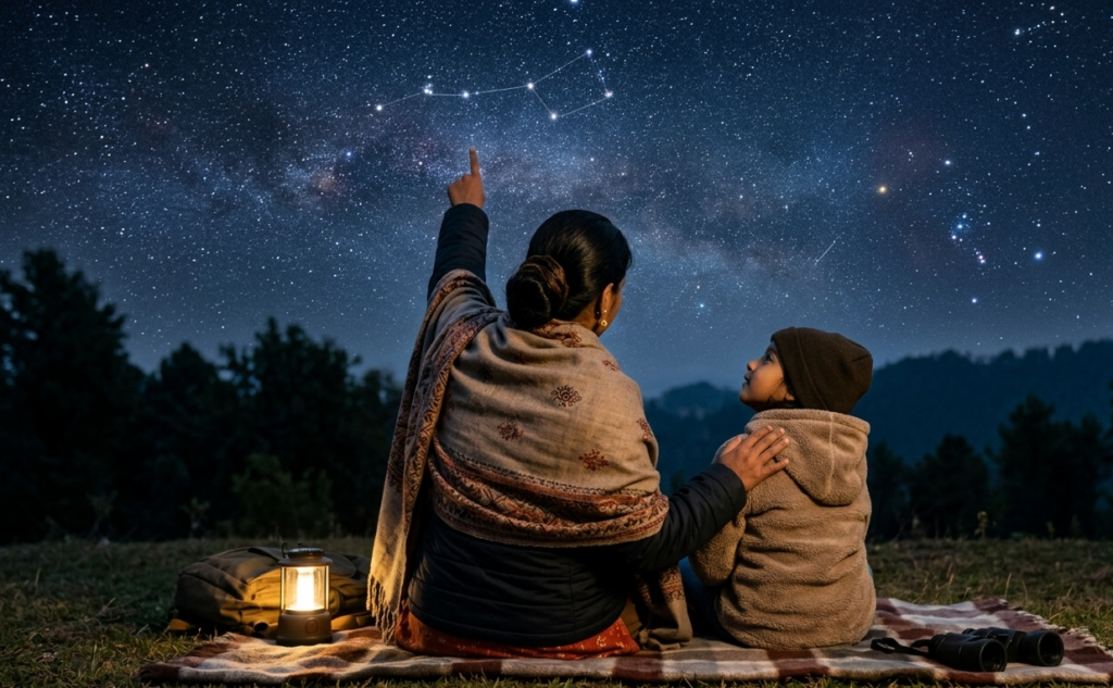 The Saptarishi constellation with pointer stars extended to Polaris, showing how to find north with the Saptarishi on any clear night, from Blue Blocks Montessori School, Hyderabad.