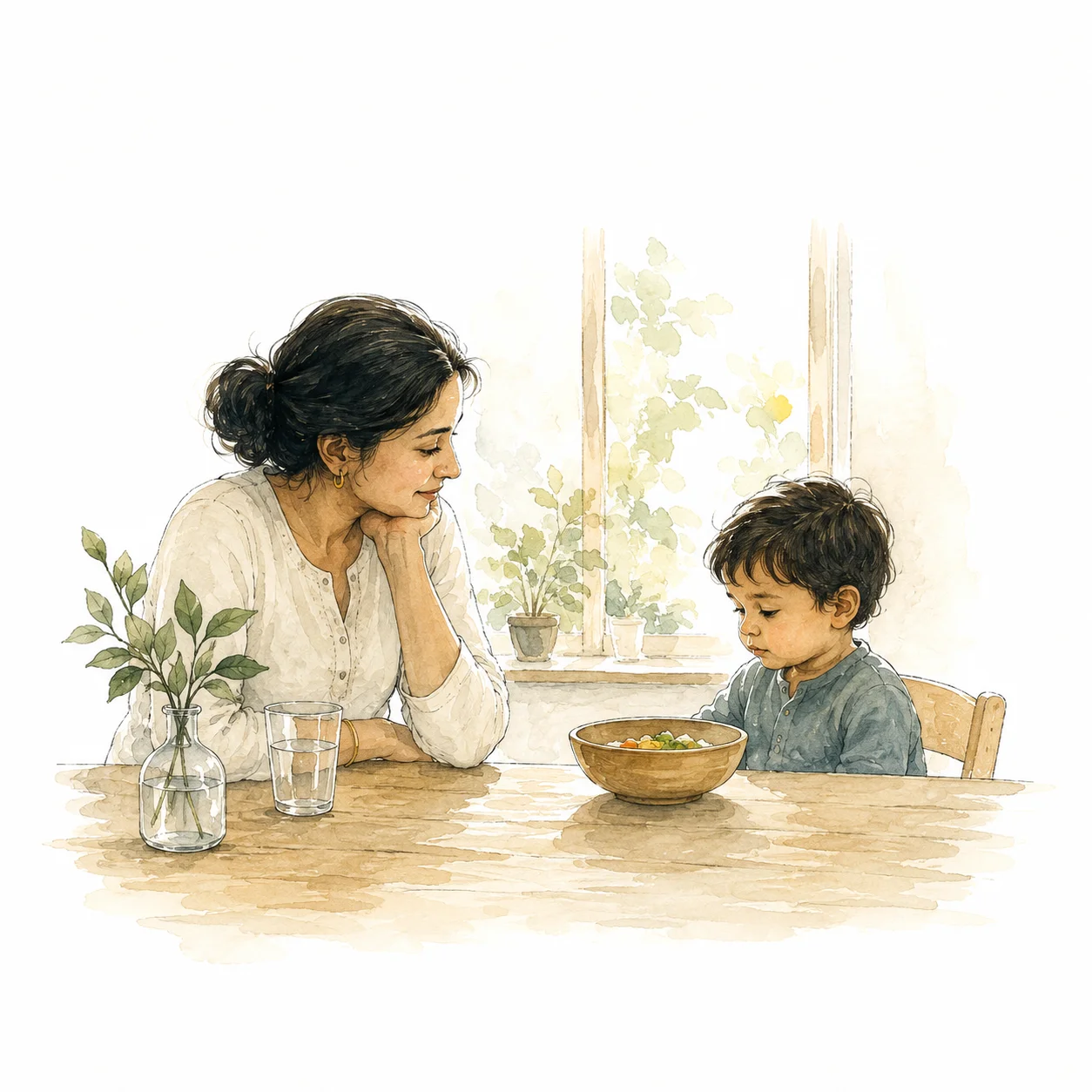 A mother watching her child sit at the dinner table