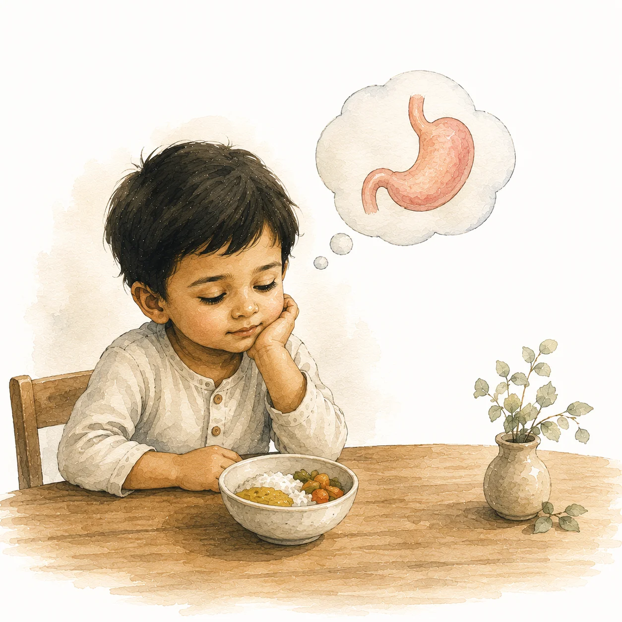 A child resting chin on hand, thinking about food