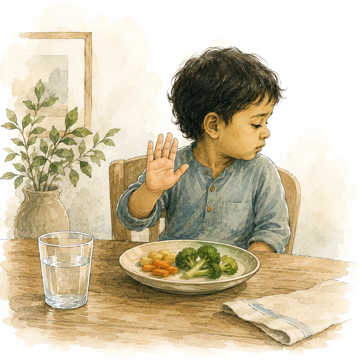 A child holding up a hand, refusing food on a plate