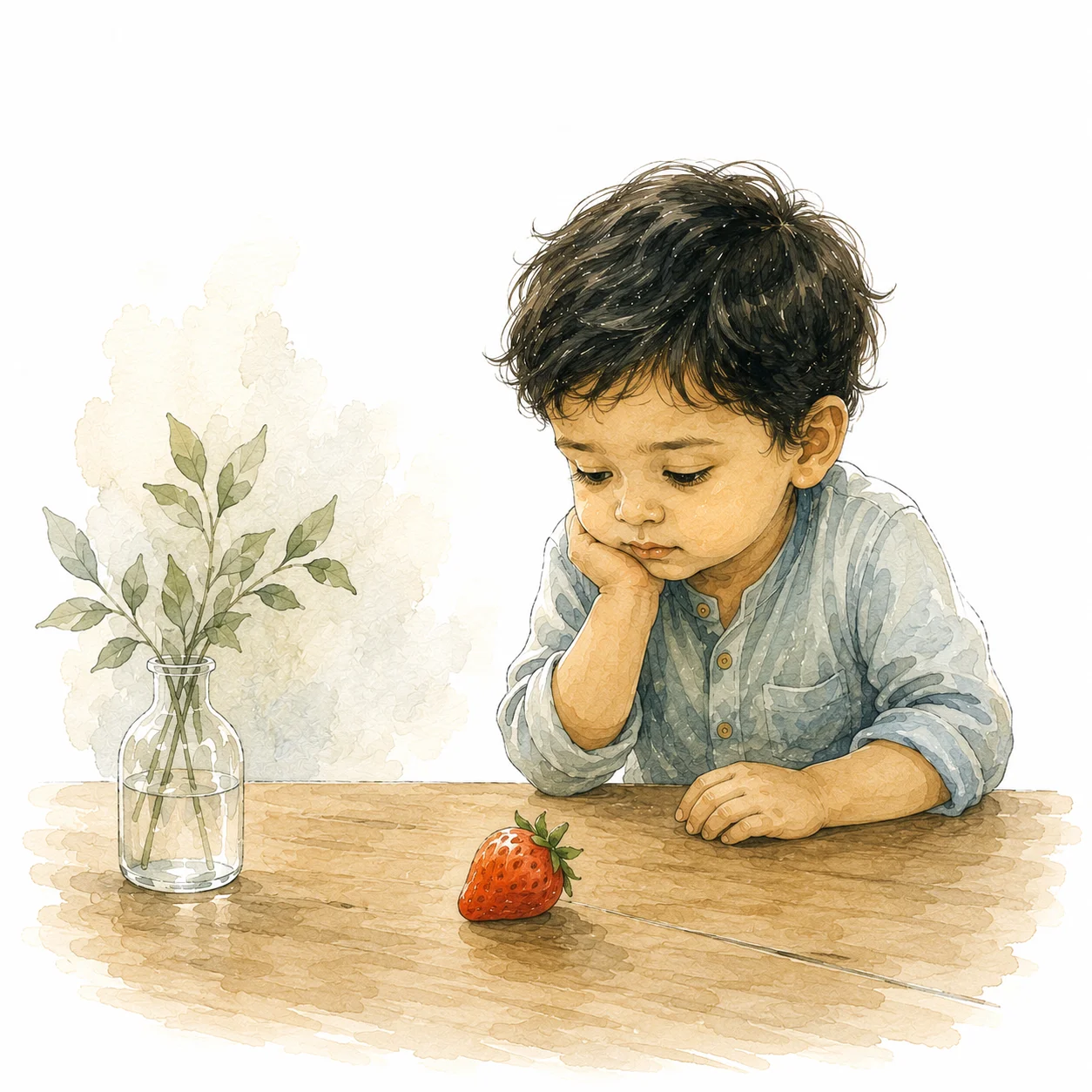 A child gazing curiously at a strawberry on the table