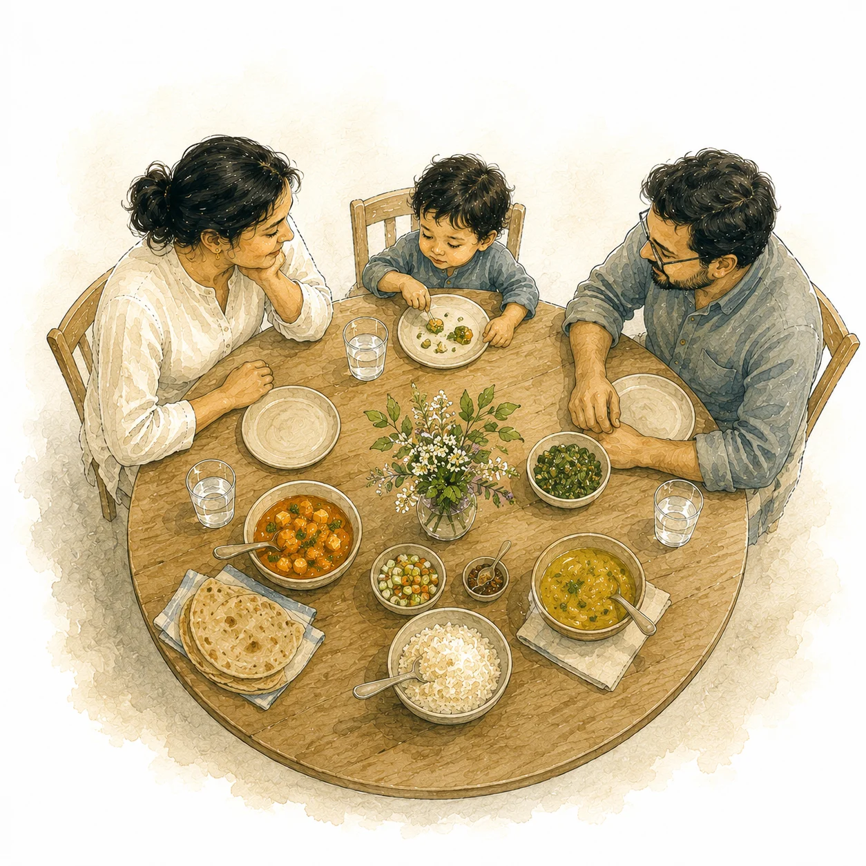 A family sharing a meal together at a round table