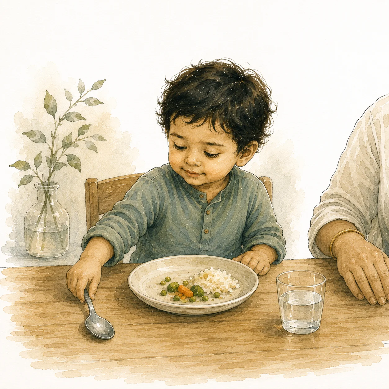 A young child reaching for a spoon independently at the table