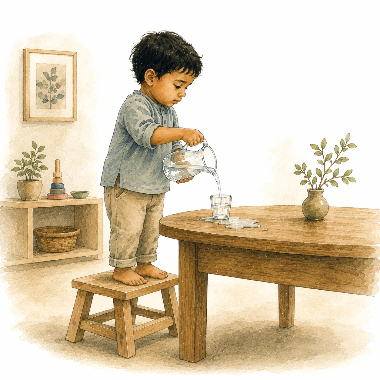A toddler independently pouring water into a glass while standing on a stool