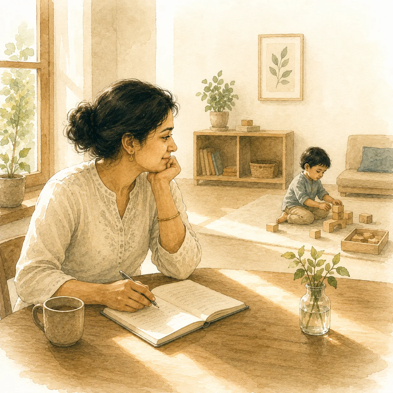 A mother thoughtfully journaling while her child plays nearby