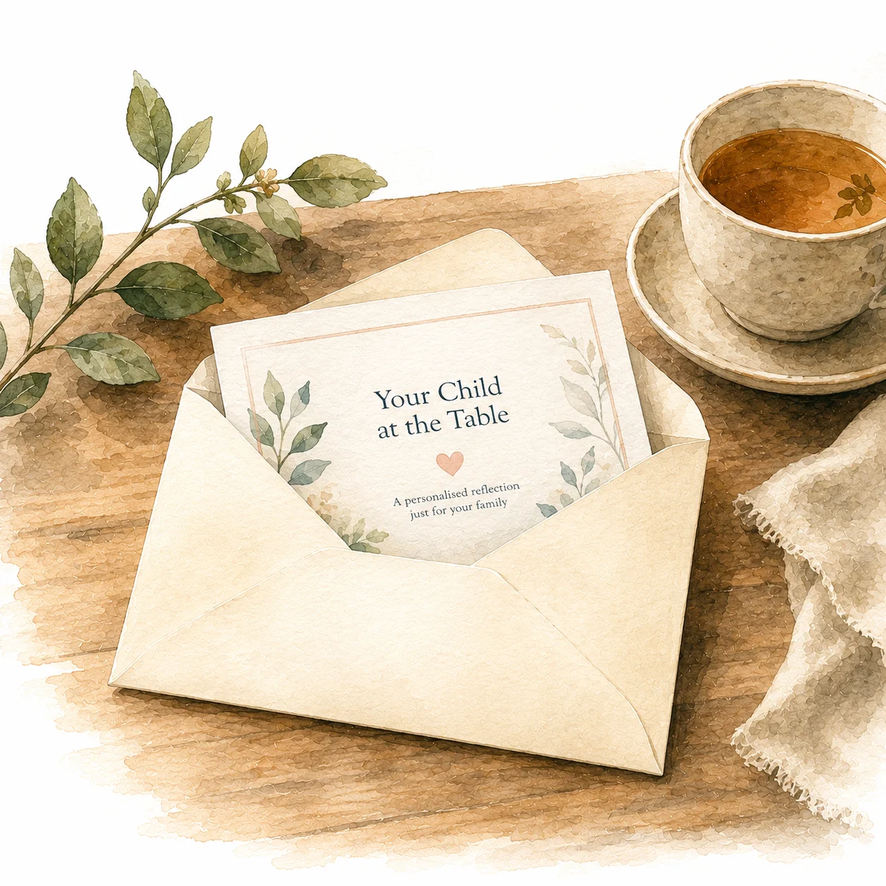 A personalised report envelope with a warm cup of tea